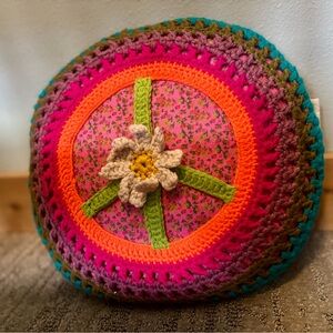 Natural Life Vibrant Colorful Boho Knit Crochet Peace Sign Throw Pillow